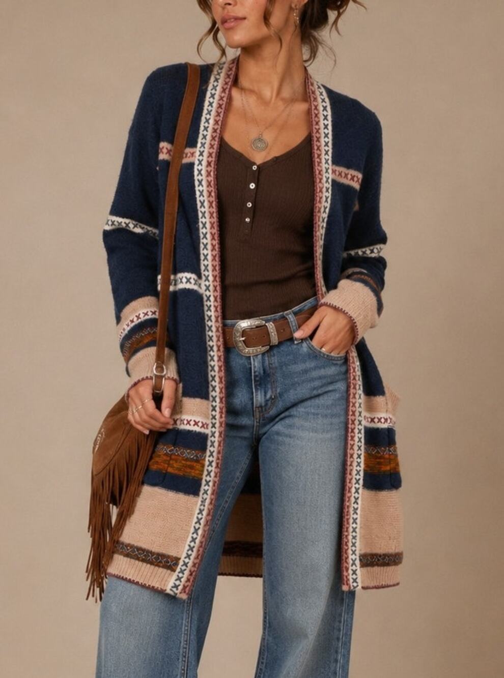 Fate Womens Western Open Front Cardigan Size L Blue Boho Cabin Cozy Fall Indie
